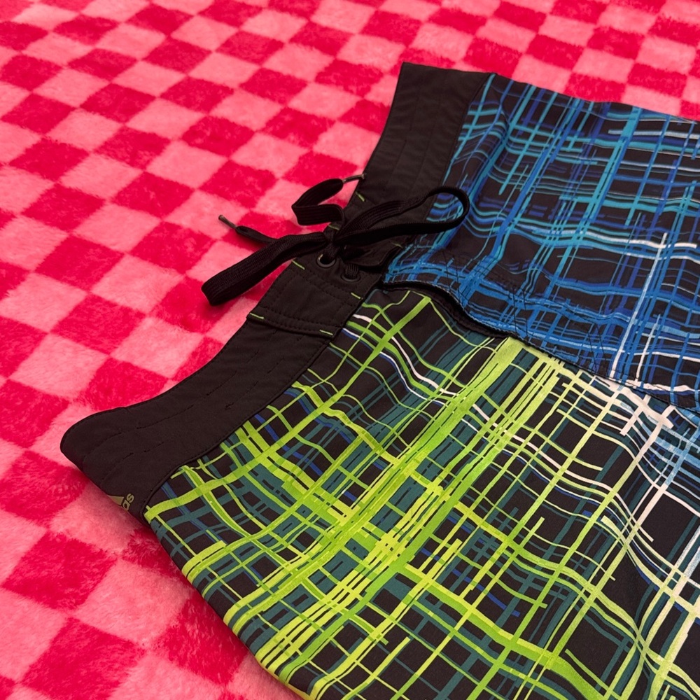 Adidas Blue and Lime Plaid Men’s Swim Trunks - Picture 3 of 5